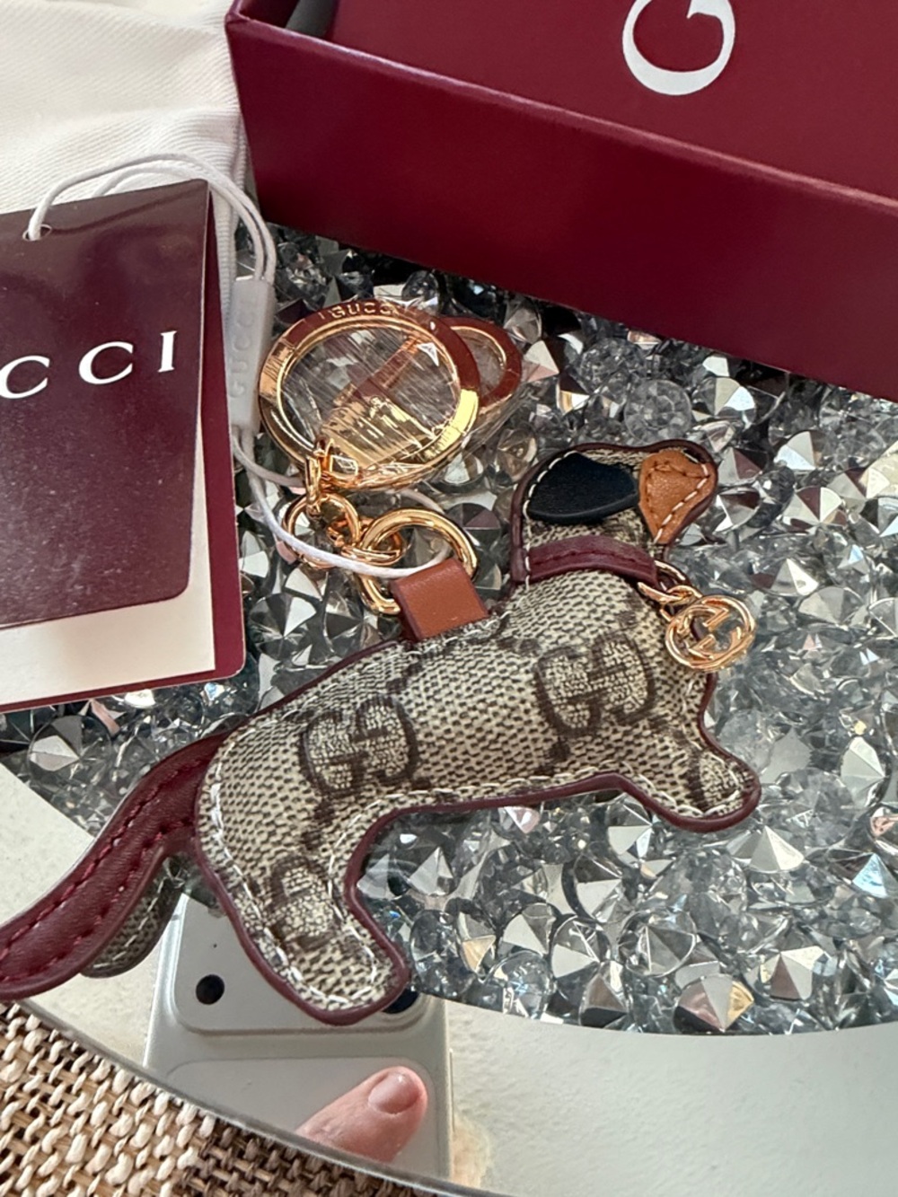 💯Gucci Beige GG Canvas Dachshund bag charm  with Gold Hardware